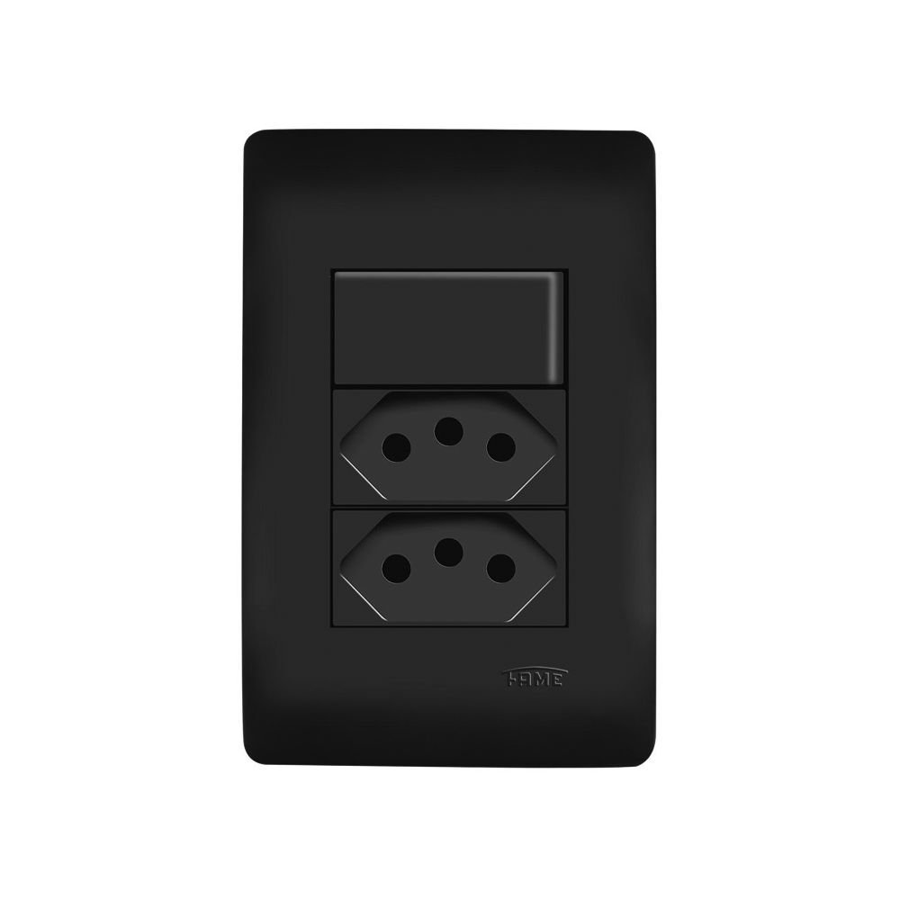 Interruptor Simples e Tomada Dupla 2P+T 20A Fame Habitat Black com Placa 4x2 Preto - 1