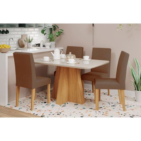 Sala de Jantar Completa Maitê Tampo Madeirado C/ Vidro 130x80cm e 4 Cadeiras Maia Cinamomo/off