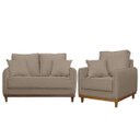 Ver imagem 1 de Kit Poltrona e Sofa Sena 2 Lugar Base de Madeira para Sala Hotel Linho Marrom