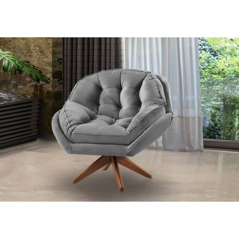 Poltrona Decorativa Pillow Top com Base Giratória Veludo Califórnia Cinza