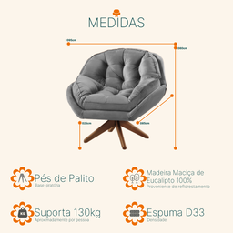 Poltrona Decorativa Pillow Top com Base Giratória Veludo Califórnia Cinza - Sofá Casa - 4
