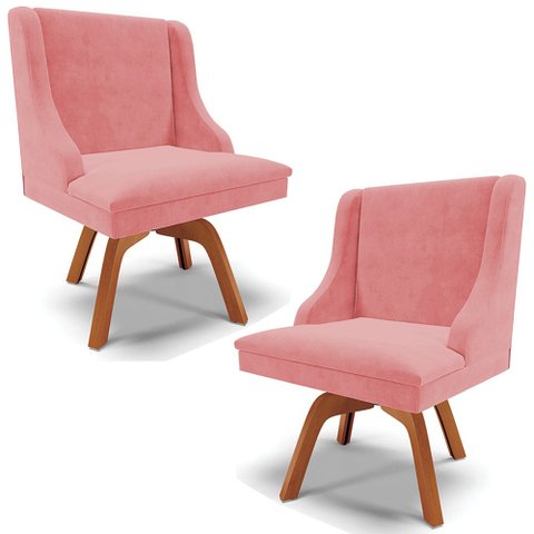 Kit 2 Cadeiras Decorativas Sala de Jantar Base Giratória de Madeira Firenze Suede Rosê/Natural G19 -
