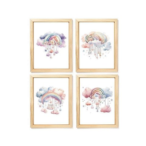Kit Quadro Infantil Arco Iris Aquarela Decorativo Quarto Menina Enxoval Bebê
