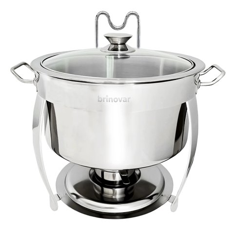 Rechaud Redondo Banho Maria Gourmet Aço Inox 8 Litros com Tampa de Vidro - Brinovar