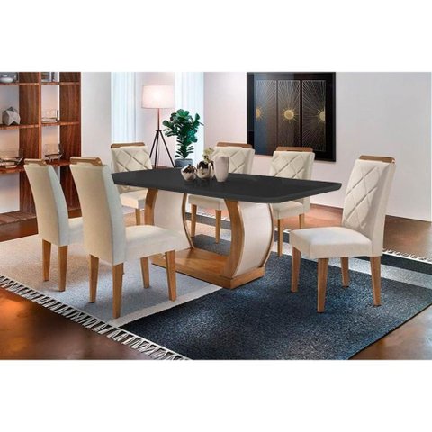 Sala de Jantar Completa Jade Tampo Madeirado C/ Vidro Curvo 180x90 e 6 Cadeiras Melissa Imbuia -