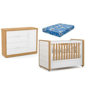 Berço Americano Capitonê New Boucle e Cômoda Infantil Tutto New Freijó Branco Acetinado e Colch