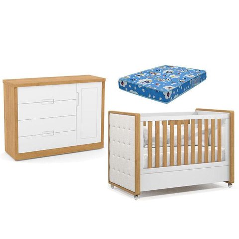 Berço Americano Capitonê New Boucle e Cômoda Infantil Tutto New Freijó Branco Acetinado e Colch
