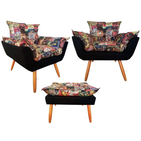 Kit 2 Poltronas + Puff Decorativo Opala Suede Composê Cerveja Pés Madeira Ms Decor
