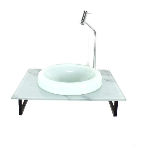 GABINETE DE VIDRO BANHEIRO 50CM COM BANCADA MARMORIZADA MARMORE BRANCO MAIS TORNEIRA CROMADA
