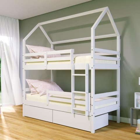 Beliche Casinha Solteiro Slim Rb com 02 Gavetas e Grade de Proteção Madeira Maciça Branco Housin