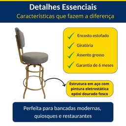 Banqueta Bar Altura 65cm Giratória com Encosto cor Dourado fosco Assento cor linho Cinza grosso Kit  - 2