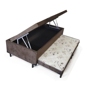 Cama Baú Solteiro C/ cama Auxiliar Ortopédica 88 x 188- Suede Marrom - Tampo Bambu Marrom