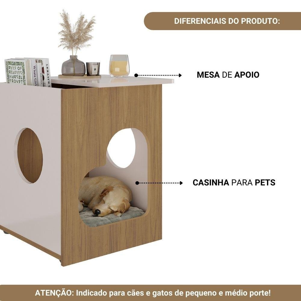 Mesa de Apoio Lateral Tampo com Nicho e Espaço Pet Artely Carvalho/off White - 5