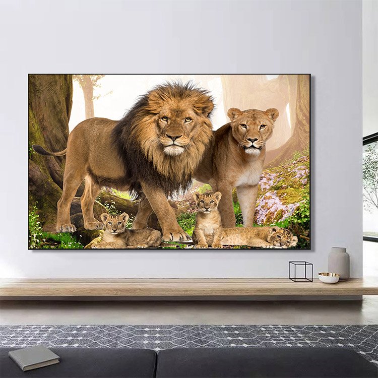 Quadro Família Leão 3 filhotes Floresta - Tela Única - 60 x 40 cm