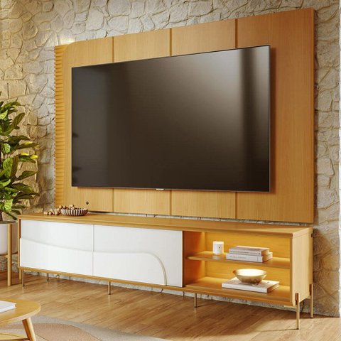 Rack para Sala Industrial com Painel para TV 65 pol com LED 216cm Salerno C04 Naturale Off White Mat