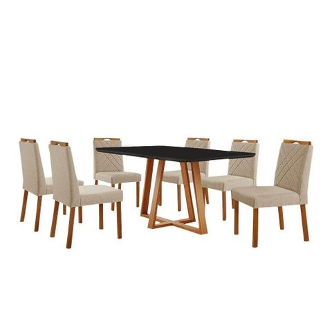 Conjunto Sala de Jantar Mesa Florença 160x90cm Preto com 6 Cadeiras Dallas Linho Bege