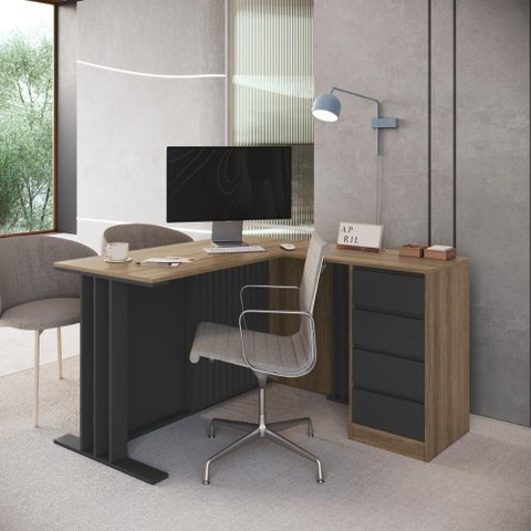 Mesa de Escritório em L 120x130cm com 4 Gavetas Mel/Grafite - Faema Móveis