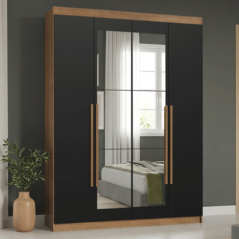 Guarda-Roupa Solteiro 4 Portas Batentes com Espelho Rustic/Preto/Rustic Saturno Madesa