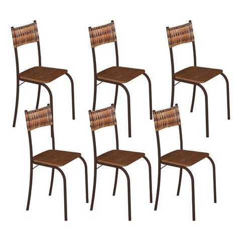 Kit 6 Cadeiras Atlanta Corino Marrom e Rattan Carvalho Tubo Marrom Cafe