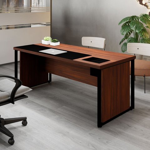 Escrivaninha Mesa Escritório Diretor com Caixa de Tomadas e Porta Objetos 200cm Corporate Louro Preto e Preto Marrom