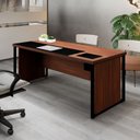 Ver imagem 1 de Escrivaninha Mesa Escritório Diretor com Caixa de Tomadas Objetos 200cm Corporate Louro Preto Marrom