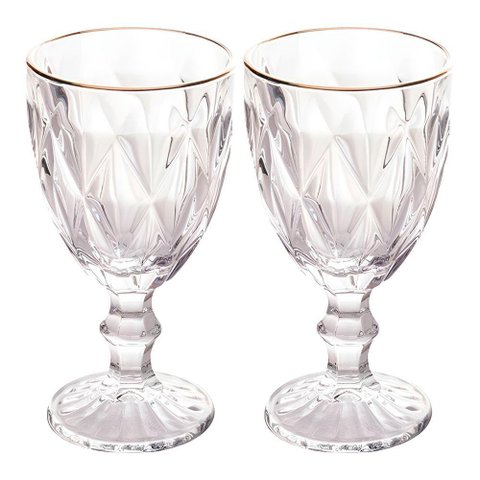 Jogo 2 Taças de Vidro com Borda Dourada Diamond Cor Transparente Água 300ml Class Home