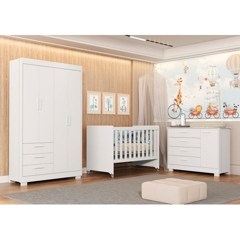 Quarto para Bebê Completo com Berço Evolution 4 em 1 Zaki Branco/Fosco