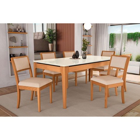 Conjunto Sala de Jantar Mira Premium Madeira Maciça C/ Tampo Madeirado C/ Vidro 200x100cm e 6