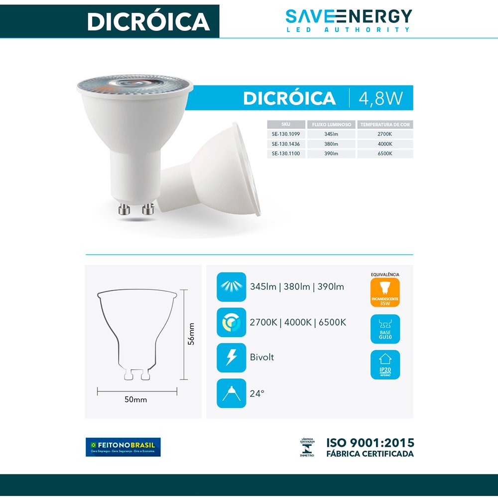 Kit 10 Spot Embutir Redondo Face Plana Dicroica MR16 Branco + Lâmpada Dicroica 4,8w 2700k - 5