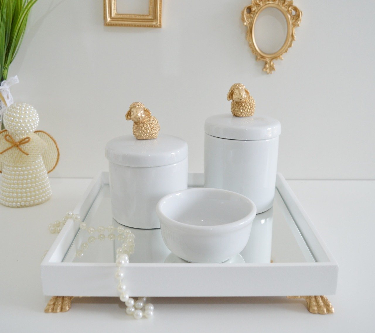 Kit Higiene Porcelana Bebê + Potes + Bandeja - Ovelha Dourado