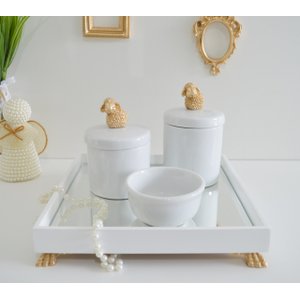 Kit Higiene Porcelana Bebê + Potes + Bandeja - Ovelha Dourado