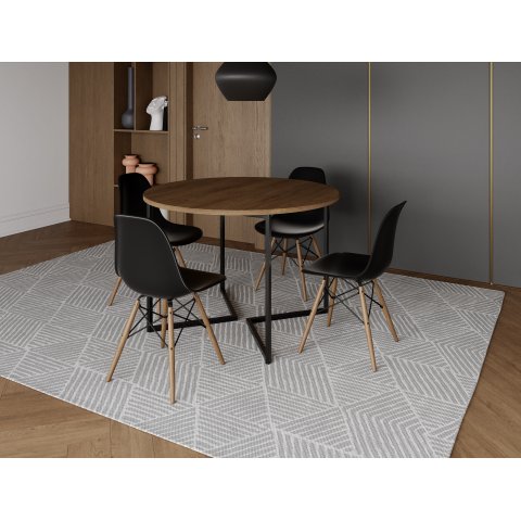 Mesa Industrial Base Ferro Preto em V Tampo 110cm Amendoa 4 Cadeiras Eames Madeira Assento Preto
