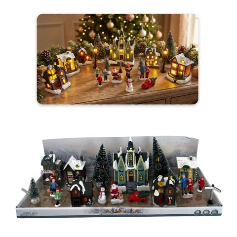 Vila Natalina 21 Pecas Premium Figuras de Natal Iluminacao LED Luz Loja Vitrine Decoracao Enfeites B