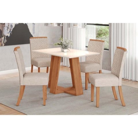 Conjunto: Mesa Sala Jantar Lins C/ Tampo Reto Madeirado 120x80cm e 4 Cadeiras Malu Nature/linho -