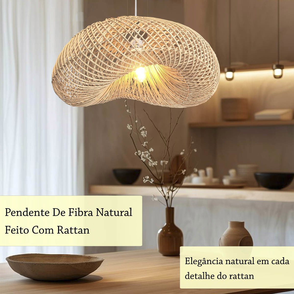 Pendente Rattan em Fibra Natural Boho Bancada Sala E27 Nat70 - 2