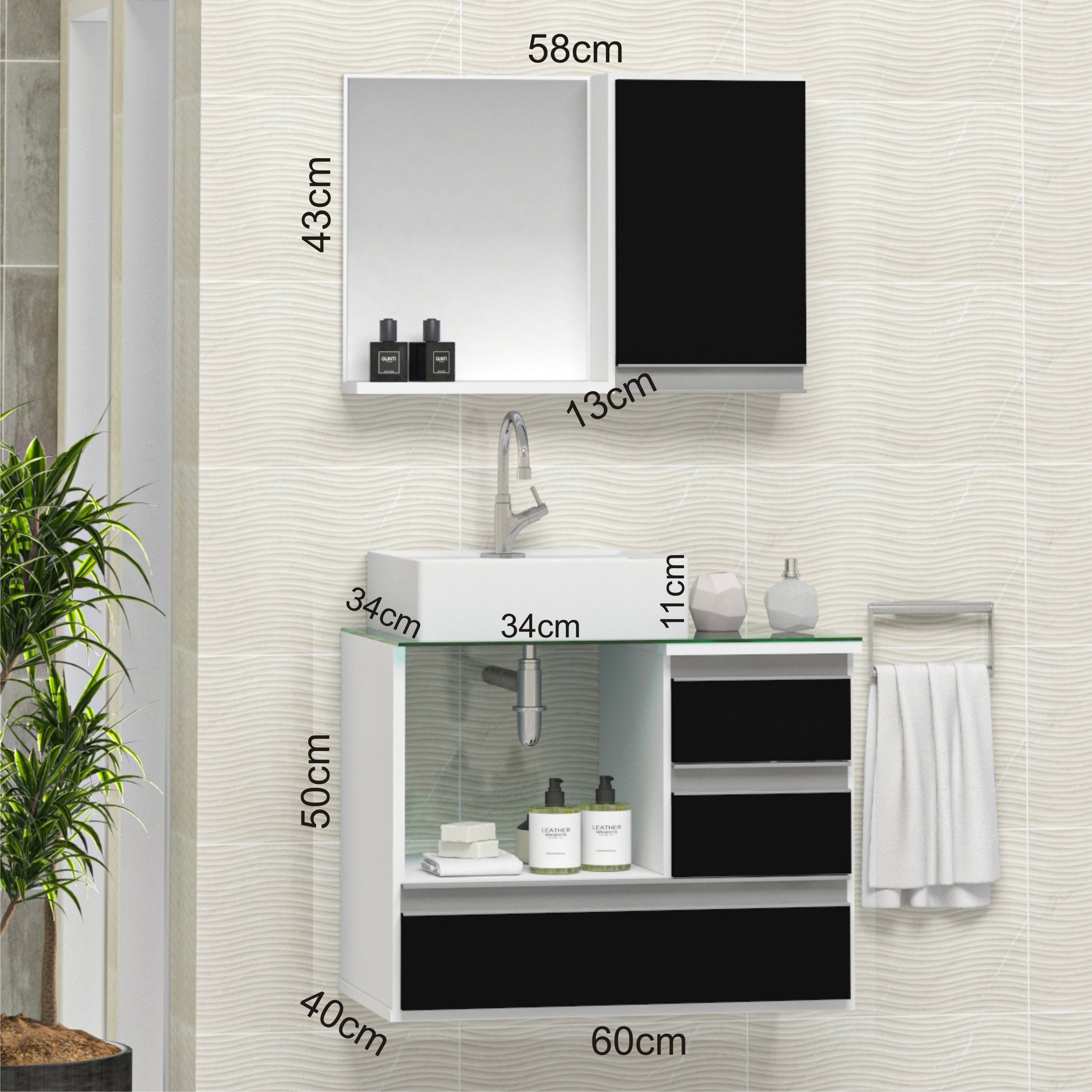 Conjunto Gabinete Banheiro POLO 60cm Branco/Preto - Gabinete + Cuba + Espelheira + Tampo Vidro - 2