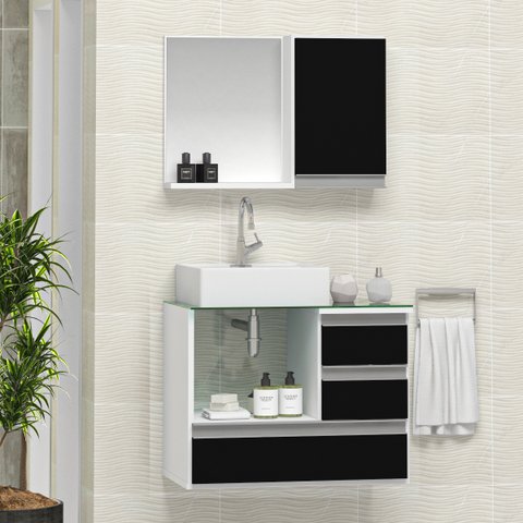 Conjunto Gabinete Banheiro POLO 60cm Branco/Preto - Gabinete + Cuba + Espelheira + Tampo Vidro