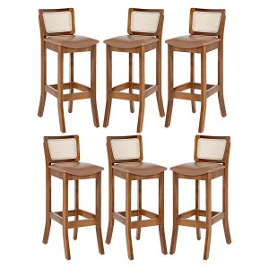 Kit 6 Banquetas Alta com Encosto Rattan Portugal Estofada Impermeável Caramelo L85 Rmi