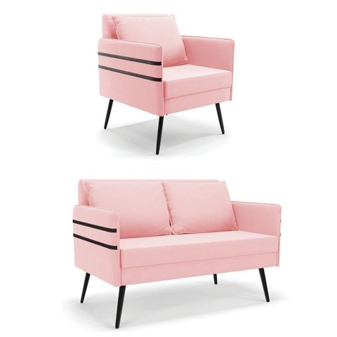 Kit 01 Namoradeira e 01 Poltrona Suede Rosa Bebê
