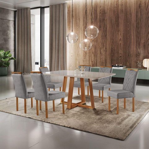 Conjunto Sala de Jantar 6 Lugares Tampo MDF Cadeiras Linho Cinza Mescla 160cm Móveis Mundial