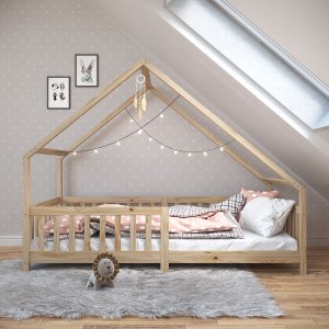 Cama Montessoriana Madeira Maciça Casa com Estrado Cora Natural Idimex