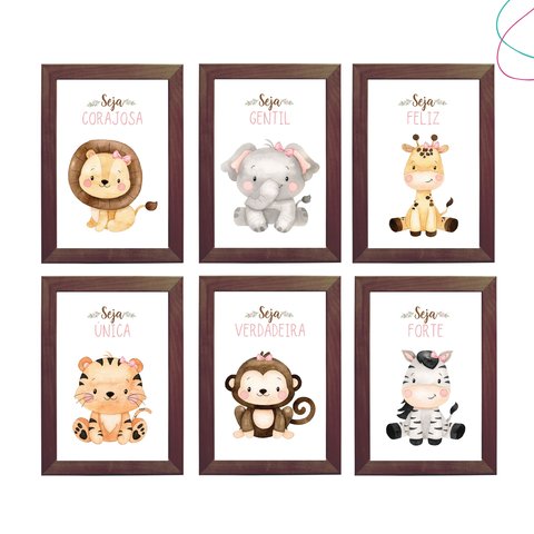 Kit 6 Quadros Decorativos Animais Safari Baby Menina Lainho:tabaco