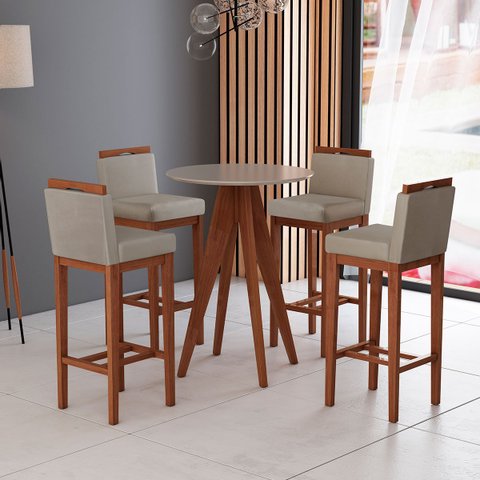 Kit 4 Banquetas Alta Estofadas + Mesa Bar Madeira Maciça Suede Bege Ccs