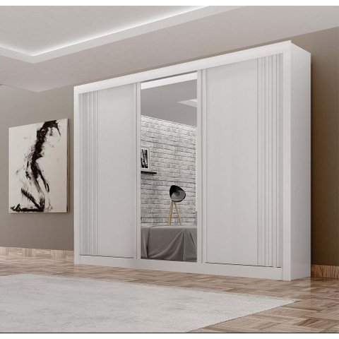 Guarda-roupa Casal 100% Mdf 3 Portas 4 Gavetas com Espelho Central Milano Leifer Móveis Branco