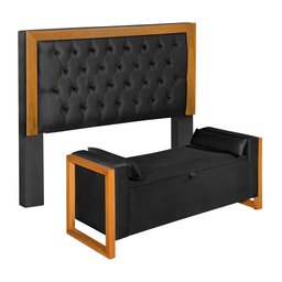 Conjunto Cabeceira com Recamier Casal 1.40 Acabamento em Madeira Imperial Pávia Preto - LH Móveis - 3