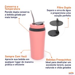 Copo Térmico Para Tereré Bebidas Geladas Com Canudo Aço Inox 650ml - Wp - Rosa - 7