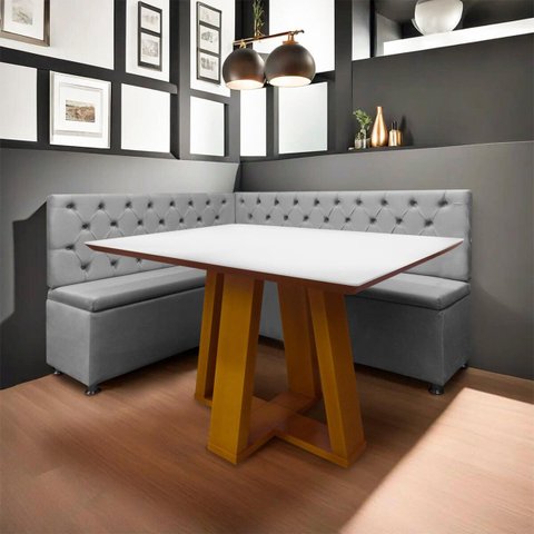 Conjunto Canto Alemão com Bau para Bar Lanchonete Capitone Cinza Claro 125x160cm Sofa Store