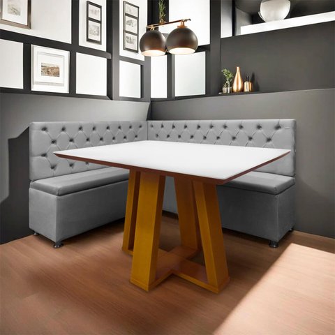 Conjunto Canto Alemão com Bau para Bar Lanchonete Capitone Cinza Claro 125x160cm Sofa Store