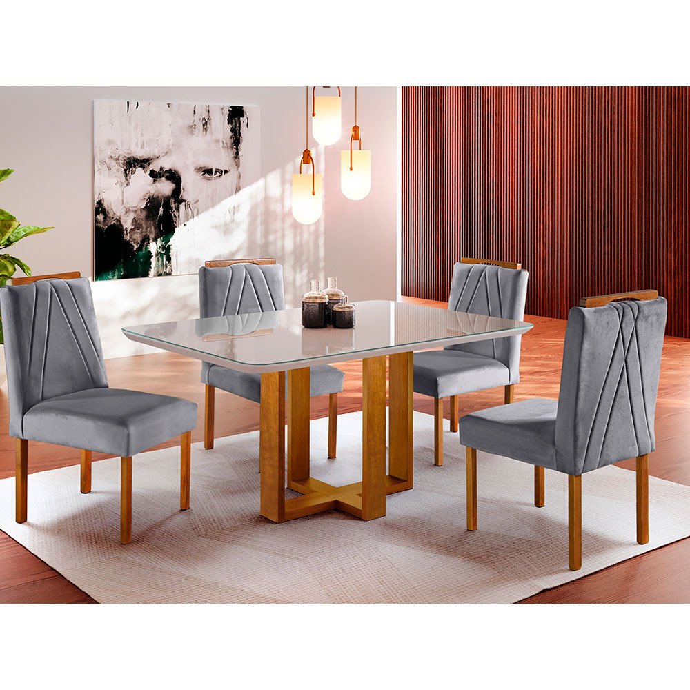 Conjunto Sala de Jantar 4 Lugares em Madeira Maciça Mesa Lisy e Cadeiras Veludo Móveis Mundial