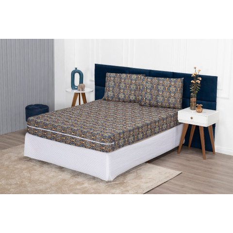Capa de Colchão Queen 30cm + Fronha Protetor com Zíper Malha Estampada:25 Azulejo Azul Marinho